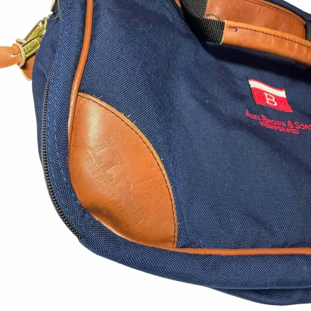 Vintage L.L. Bean Navy Canvas and Leather Trim Briefcase with Embroidered Logo